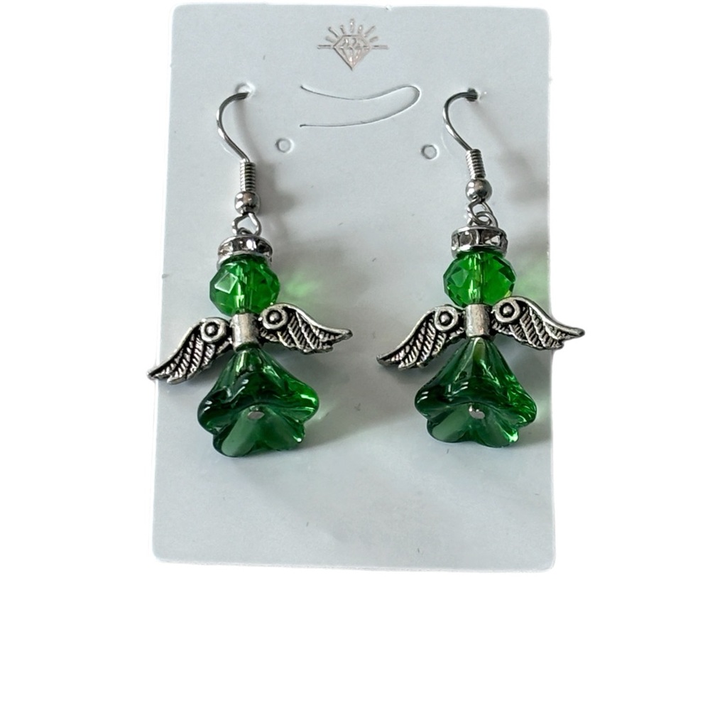 Silver and Green Angel Earrings Hand Crafted - Picture 2 of 3